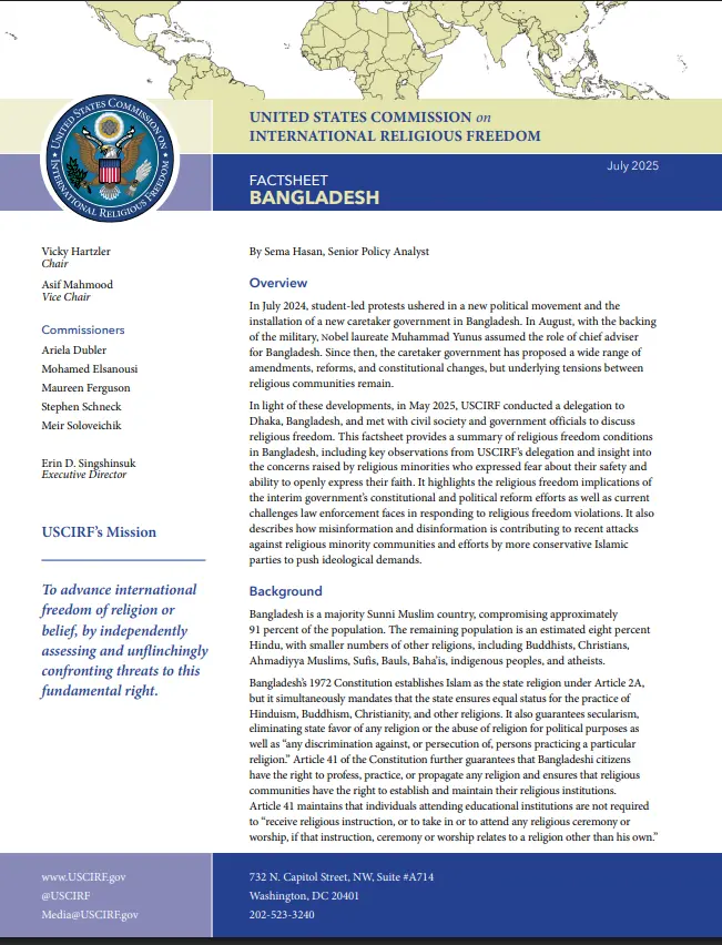 United States Commission on International Religious Freedom (USCIRF) - Bangladesh Factsheet 2025